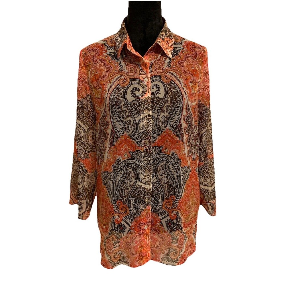Chicos Size 1 Top Womens Medium Orange Brown Paisley Sheer Roll Tab Sleeve